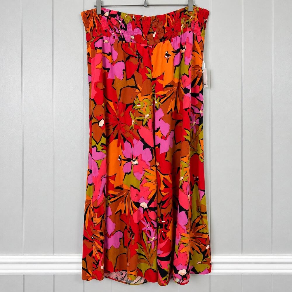 CeCe XL Tropical Floral Wide Leg Cropped Palazzo Pants Smocked Waist NWT